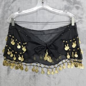 Belly Dance Hip Skirt Sheer Chiffon Scarf Wrap Tie Belt Gold Coins Gypsy Zumba